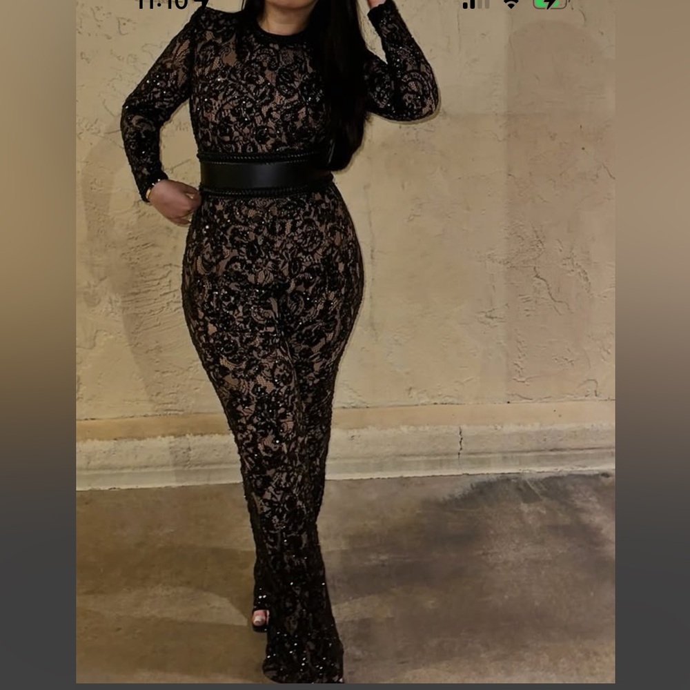 Nadine Merabi Black & Nude Sequin Jumpsuit